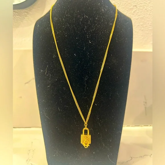 Christian Dior Golden Rhinestone Encrusted Padlock Necklace w/ Dior charm
